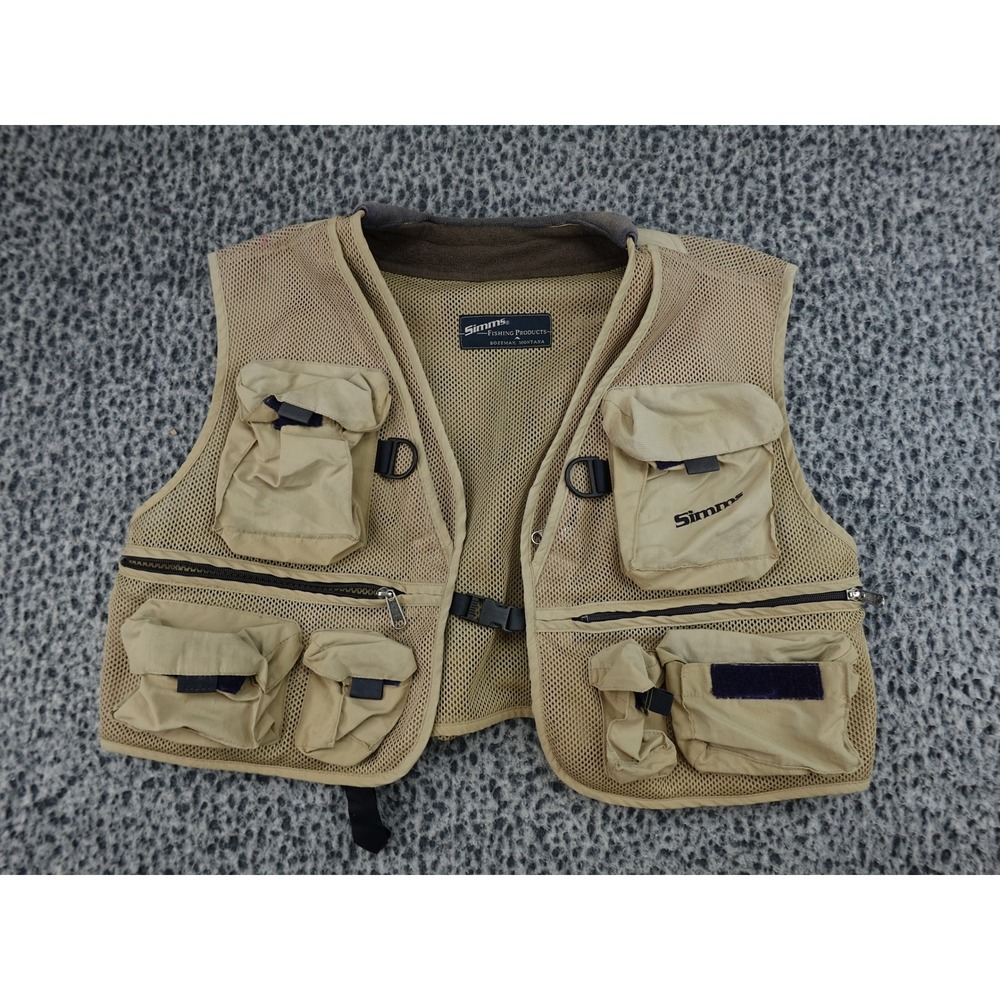 Simms Fishing Vest Mens Large Tan Mesh Multi-Pocket Utility Fly Fishing Made USA